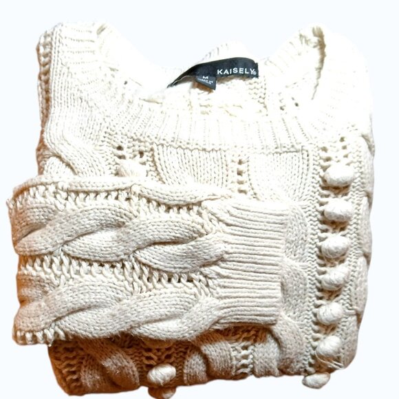 KAISELY Cream Cotton Blend Cable Knit Crew Neck Sweater - Picture 4 of 10